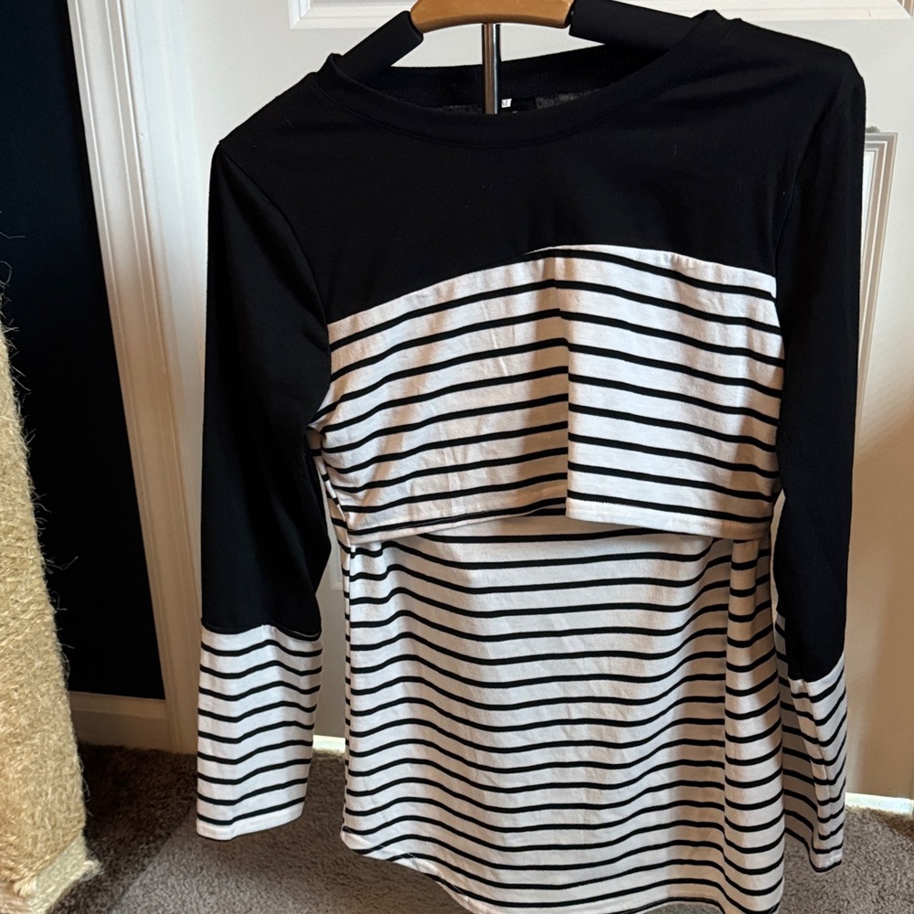 Black & White Striped Long Sleeve Nursing Top